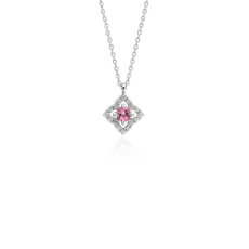 Petite Pink Tourmaline and Diamond Floral Pendant in 14k White Gold (2.8mm)