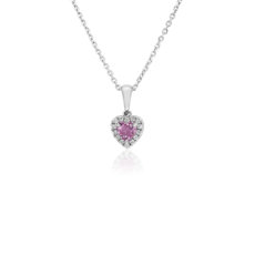 NEW Pink Sapphire Heart Pendant with Diamond Halo in 14k White Gold