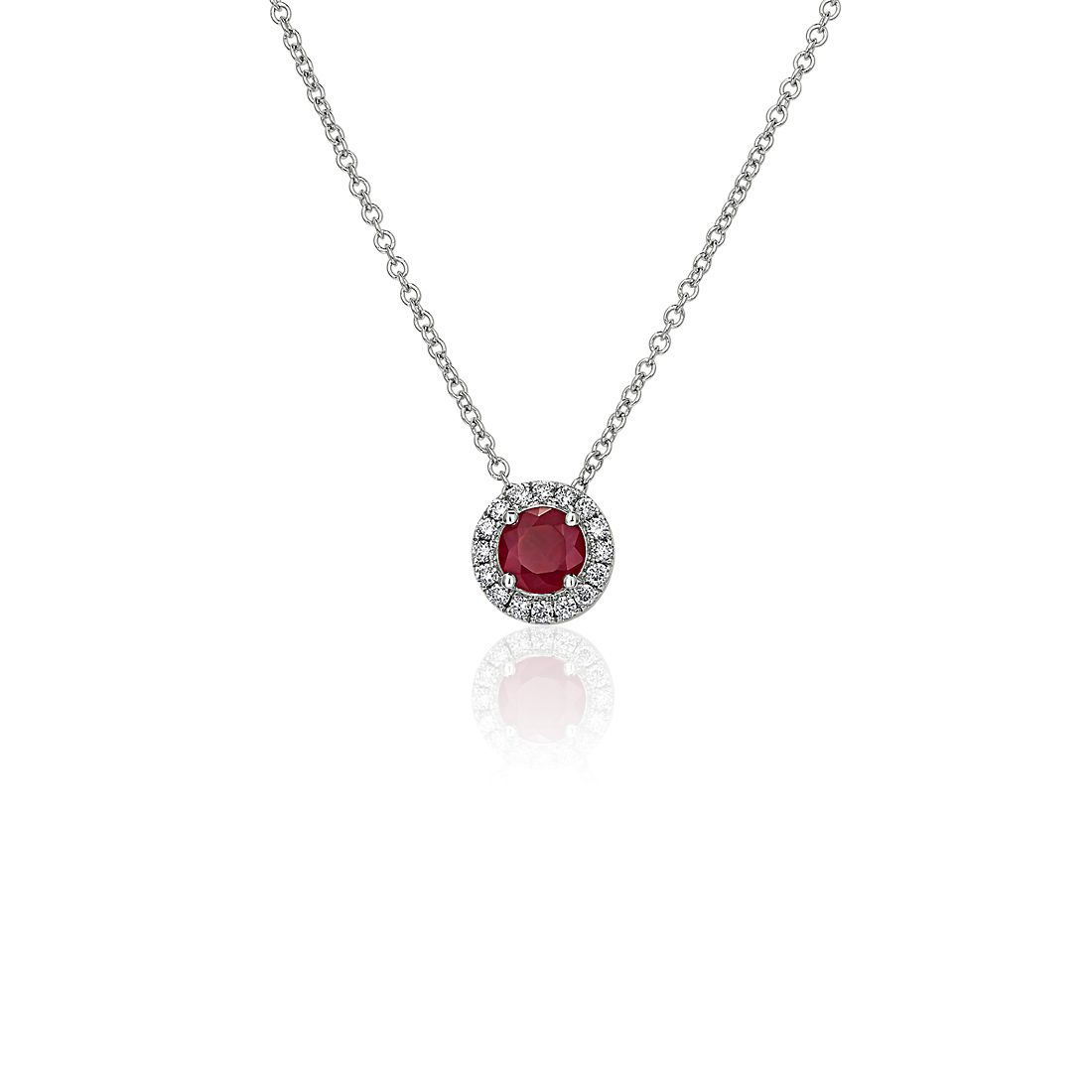 Ruby and Diamond Halo Pendant in 14k White Gold (5mm)
