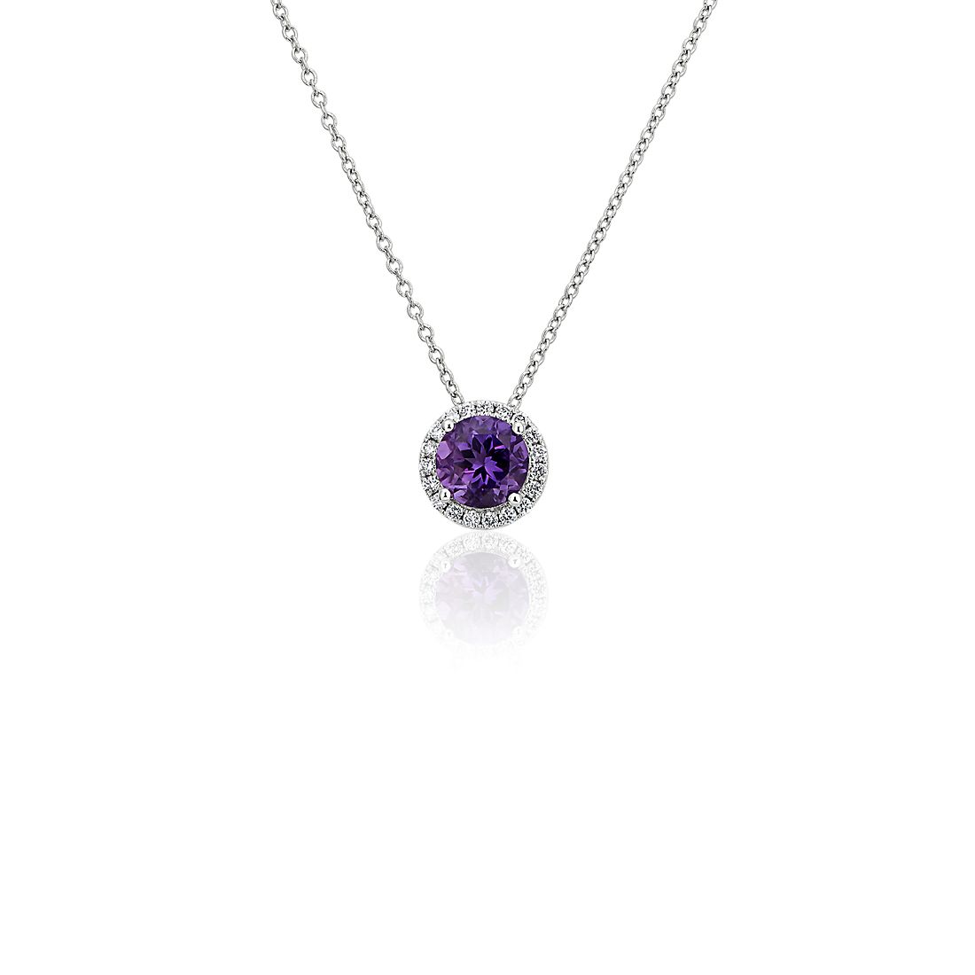 Amethyst and Diamond Halo Pendant in 14k White Gold (7mm)