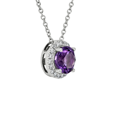 Amethyst and Diamond Halo Pendant in 14k White Gold (7mm)
