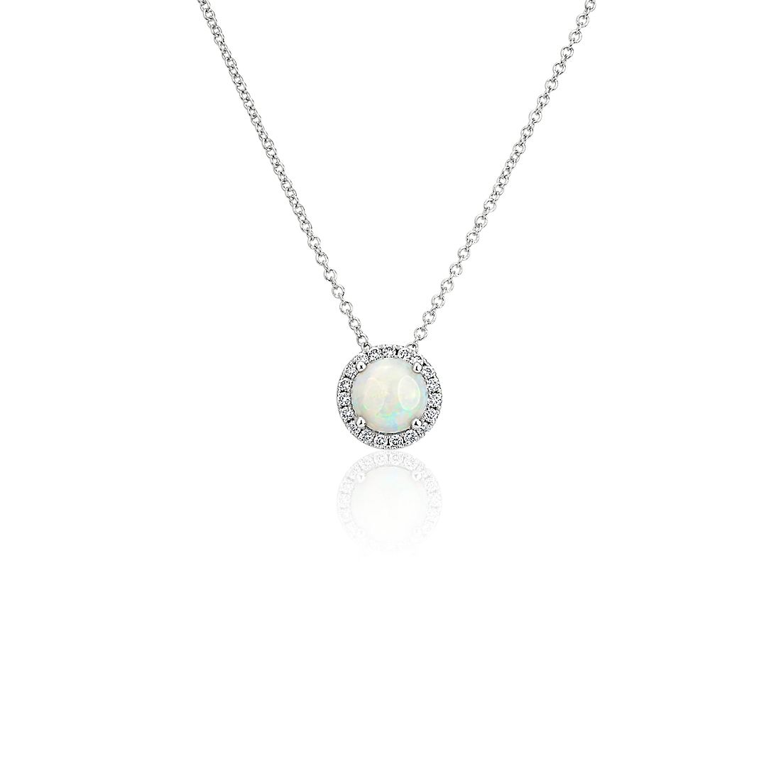 Opal and Diamond Halo Pendant in 14k White Gold (7mm)