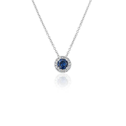 Faux Sapphire Blue & Clear CZ Crystal Halo 9mm Slider Pendant in 14k White Gold