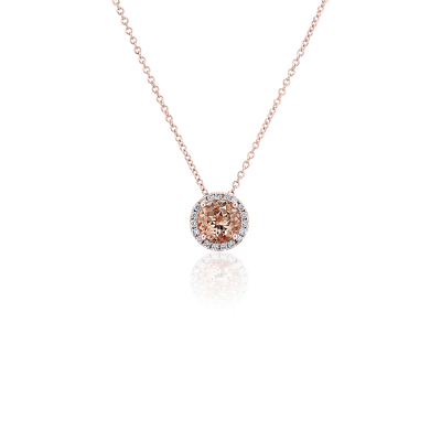 Morganite and Diamond Halo Pendant in 14k Rose Gold (7mm)