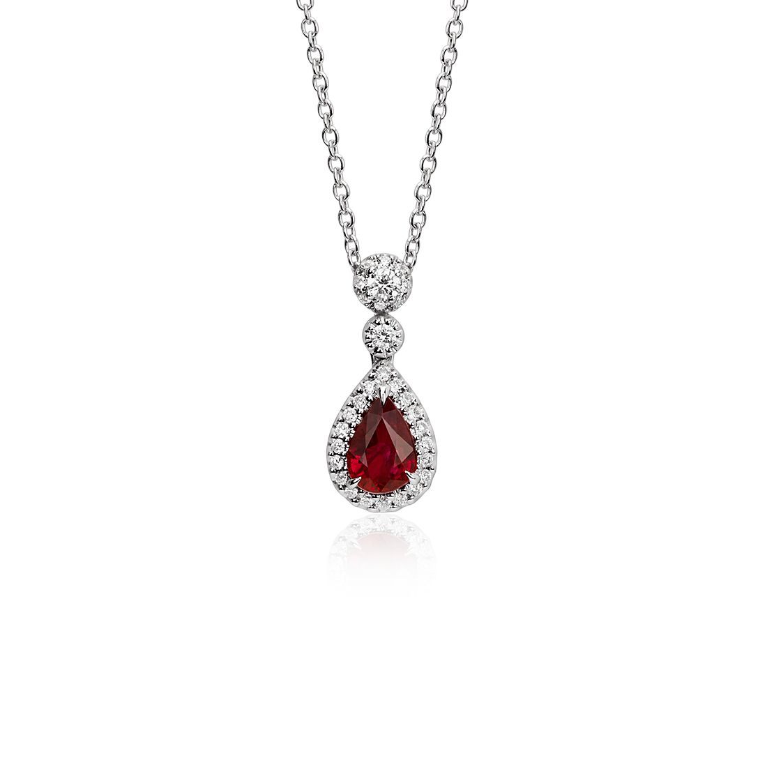Pear Shape Ruby and Diamond Halo Drop Pendant in 18k White Gold (6x4mm)