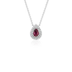 Ruby and Diamond Double Halo Pendant in 18k White Gold (6x4mm)
