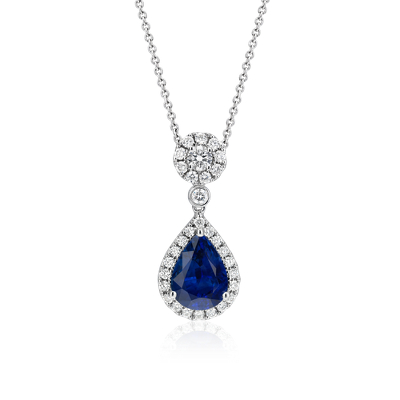 Sapphire and Diamond Drop Pendant in 18k White Gold (9x7mm) | Blue Nile