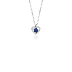 Petit pendentif cœur serti pavé de diamants et saphirs bleus en or blanc 14 carats(3 mm)