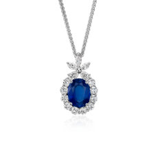 18k 白金椭圆形蓝宝石钻石吊坠（9x7 毫米）