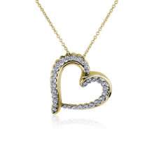 NEW Tilted Double Row Diamond Heart Necklace in 14k Yellow Gold (0.46 ct. tw.)