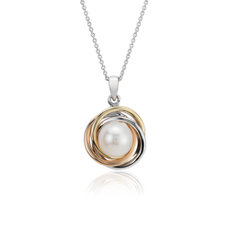 Tri-Colour Love Knot Pendant with Freshwater Cultured Pearl in 14k White, Yellow and Rose Gold (7-8mm)