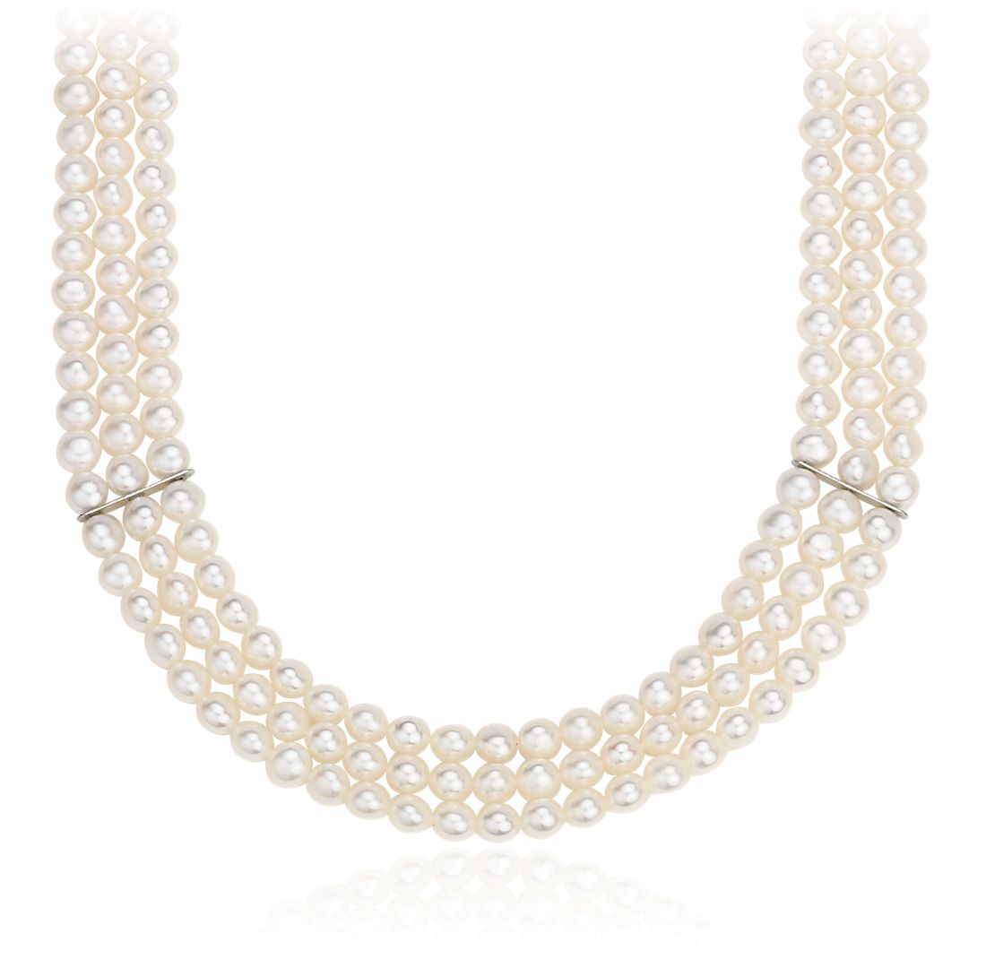 Triple-Strand Freshwater Cultured Pearl Necklace in Sterling Silver (5-6mm)