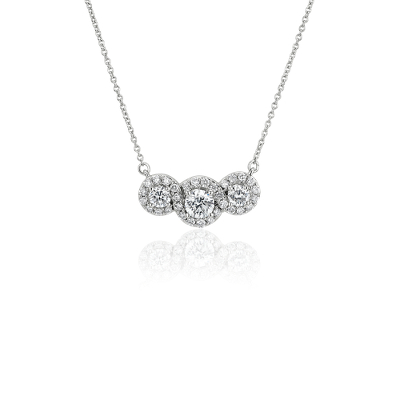 Twisting Three Stone Halo Diamond Necklace in 14k White Gold (1 ct. tw ...