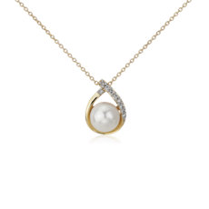 Vintage-Inspired Freshwater Cultured Pearl and Diamond Teardrop Pendant in 14k Yellow Gold (7.5-8mm)