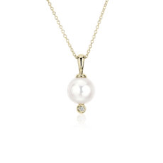 White Freshwater Pearl Pendant with Diamond Detail in 14k Yellow Gold (8.5-9mm)