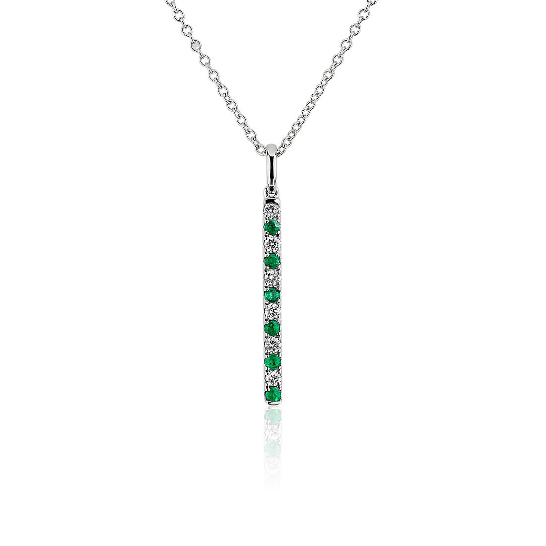 Alternating Emerald and Diamond Vertical Bar Pendant in 14k White Gold (1.6mm)