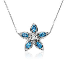 NEW Aquamarine and Diamond Floral Pendant in 18k White Gold