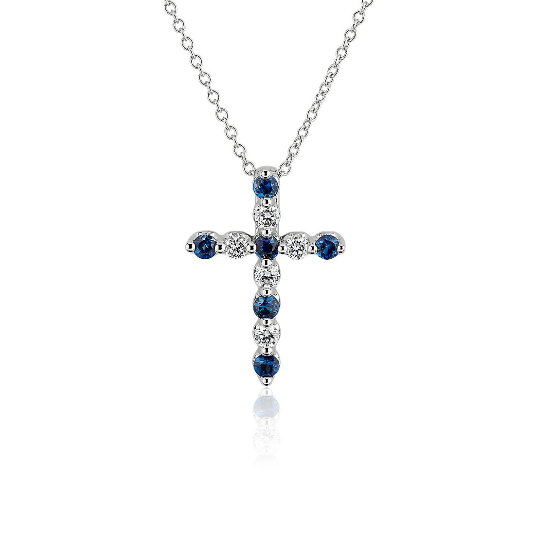 Floating Blue Sapphire and Diamond Cross Shape Pendant in 14k White Gold
