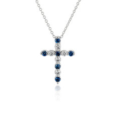Floating Blue Sapphire and Diamond Cross Shape Pendant in 14k White Gold