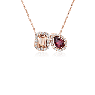 NEW Morganite and Rhodolite with Diamond Halo Two Stone Pendant in 14k Rose Gold