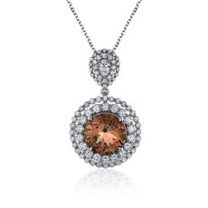 NEW Oregon Sunstone and Colgante con halo de diamantes y diamantes corte baguette. in oro blanco de 18 k