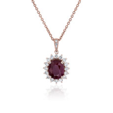 NEW Oval Ruby and Diamond Sunburst Halo Pendant in 14k Rose Gold (9x7mm)