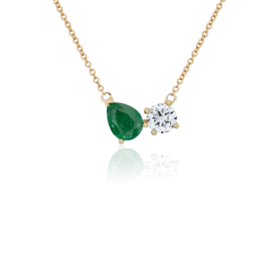 NEW Emerald and Diamond Two Stone Pendant in 14k Yellow Gold