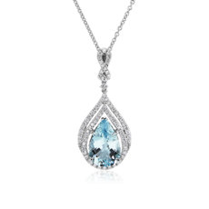 NEW Pear Shaped Aquamarine and Double Diamond Halo Pendant in 14k White Gold