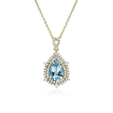 Pear Shaped Aquamarine and Diamond Double Halo Pendant in 14k Yellow Gold