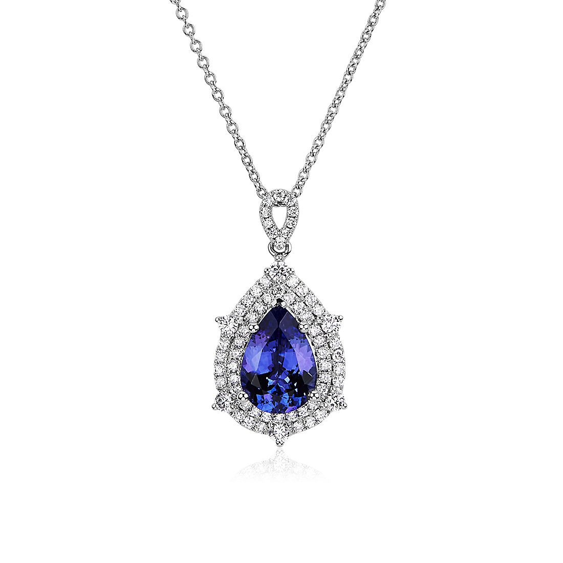 Pear Shaped Tanzanite and Diamond Double Halo Pendant in 14k White Gold