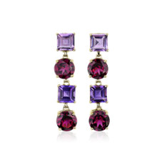 Rhodolite and Amethyst Round and Princess Drop Earrings in 14k Yellow Gold