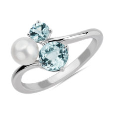 Aquamarine and Freshwater Pearl Cluster Ring in 14k White Gold