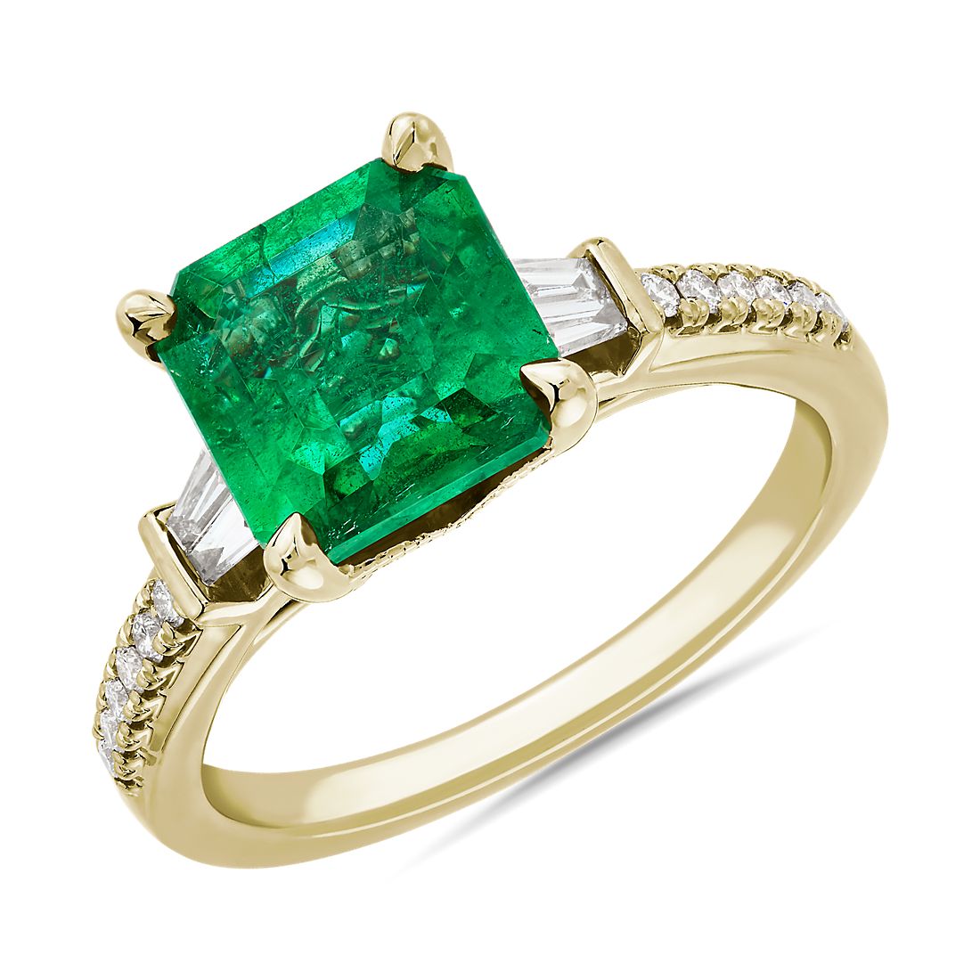 14k 黃金 上丁方形 綠寶石鑽石戒指（8 x 8 毫米）