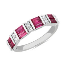 NEW East West Ruby Baguette and Diamond Ring in 14k White Gold