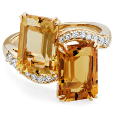 NEW Emerald Cut Citrine and Diamond Two-Stone Ring in 14k Yellow Gold