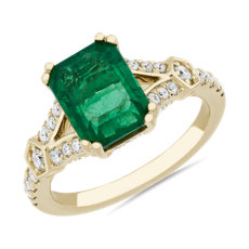 Emerald Cut Emerald and Diamond Split Shank Ring in 14k Yellow Gold (9x7mm)