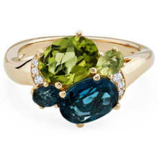 NEW London Blue Topaz and Peridot Cocktail Ring with Diamond Accents in 14k Yellow Gold