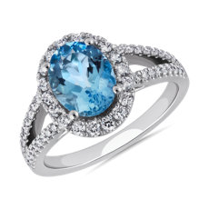 新款橢圓形海藍寶石與鑽石光環分叉戒環戒指（9x7 毫米）