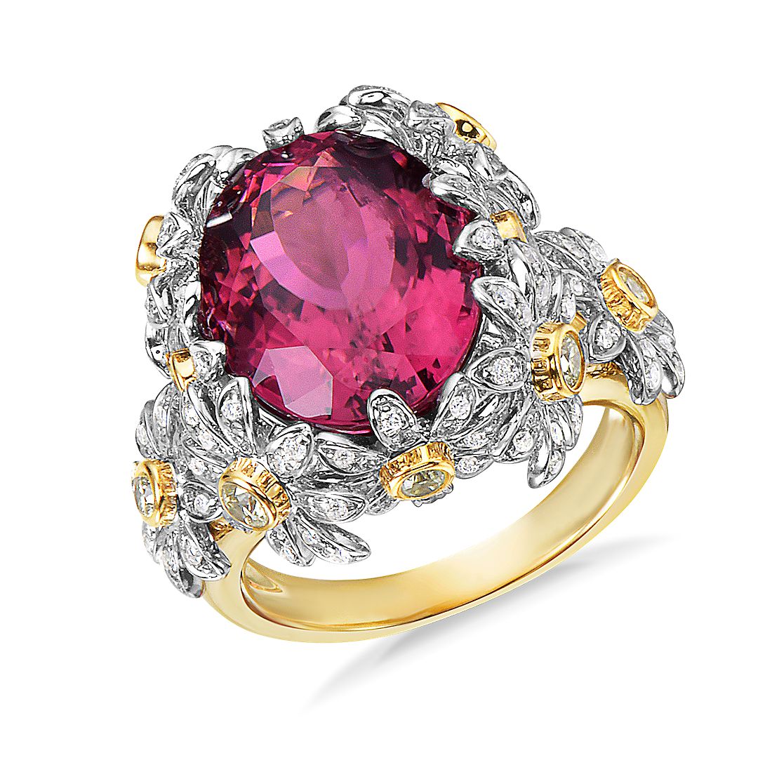 Oval Rubellite Tourmaline and Diamond Floral Ring in 18k White and Yellow Gold (14.5x11.5mm)