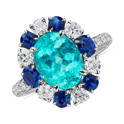 Paraiba Tourmaline with Sapphire and Diamond Halo Ring in 18k White Gold