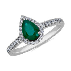 新款 14k 白金梨形綠寶石與光環鑽石戒指 （7x5 毫米）