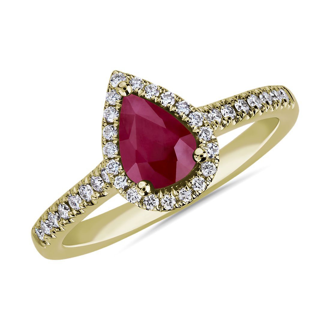 Pear Shaped Ruby and Diamond Halo Ring in 14k Yellow Gold (7x5mm)