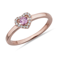 NUEVO. Anillo con pavé de diamantes en forma de corazón y zafiro pequeño de color rosado, en oro rosado de 14 k (3 mm)