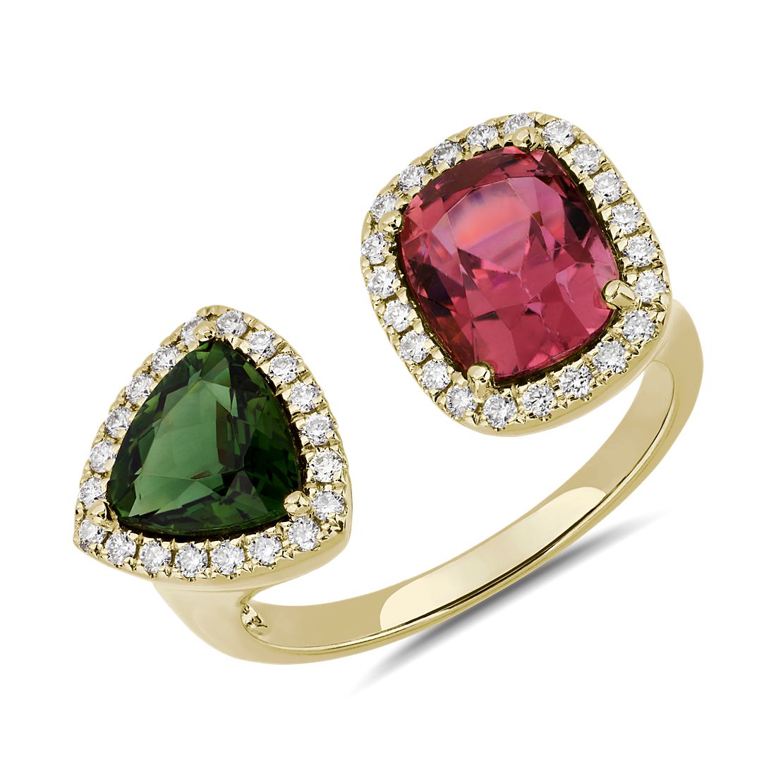 Pink and Green Tourmaline Two Stone Ring in 18k Yellow Gold