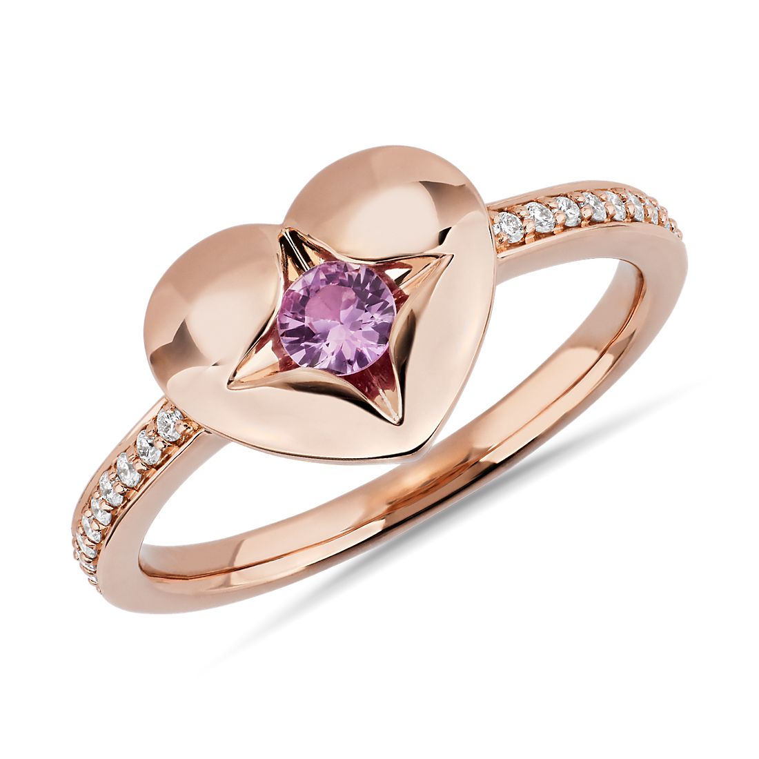 Pink Sapphire Inlay and Diamond Heart Ring in 14k Rose Gold