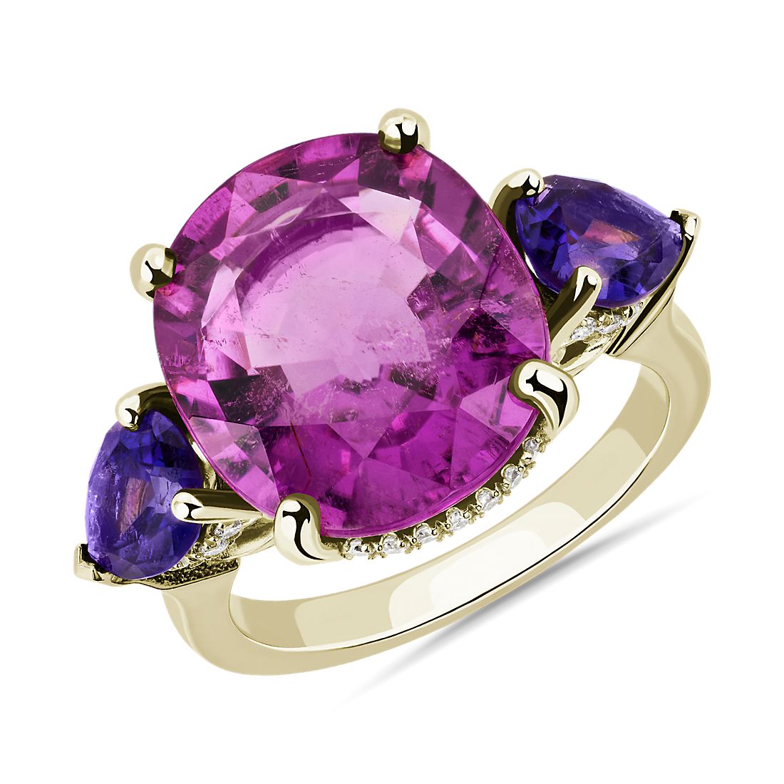 Pink Tourmaline and Amethyst Three Stone Ring with Hidden Halo in 18k Yellow Gold