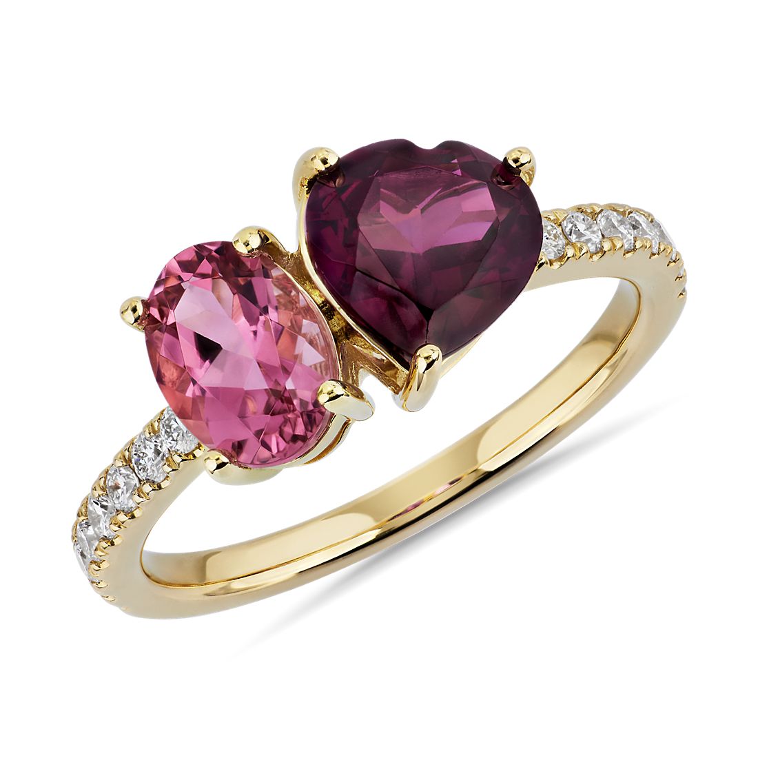Pink Tourmaline and Rhodolite Two Stone Ring in 14k Yellow Gold