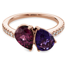 NEW Rhodolite and Amethyst Two Stone Ring with Diamond Halo in 14k Rose Gold