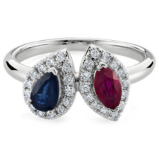 NEW Sapphire and Ruby Two Stone Ring with Diamond Halo in 14k White Gold