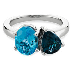 NEW  Swiss Blue Topaz and London Blue Topaz Two Stone Ring in 14k White Gold